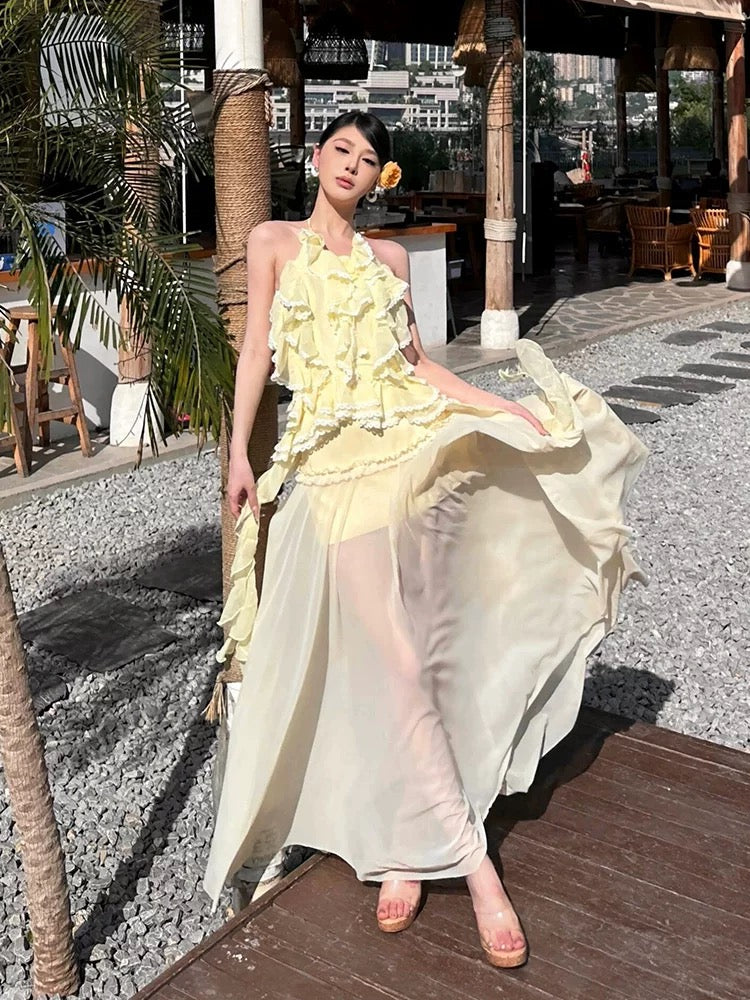 灿烂的她 荷叶边挂脖微透半裙套装 Radiant Her Ruffled Halter Neck Sheer Midi Skirt Set