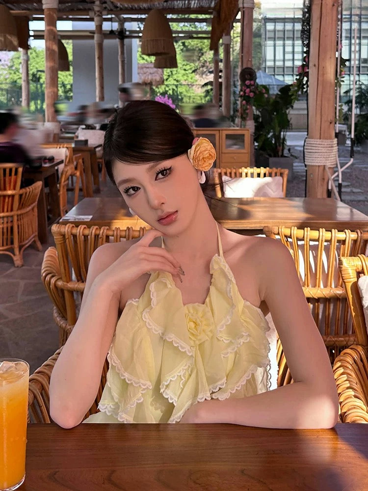 灿烂的她 荷叶边挂脖微透半裙套装 Radiant Her Ruffled Halter Neck Sheer Midi Skirt Set