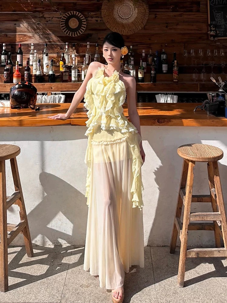 灿烂的她 荷叶边挂脖微透半裙套装 Radiant Her Ruffled Halter Neck Sheer Midi Skirt Set
