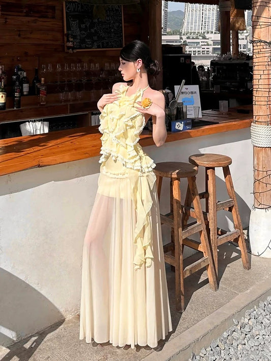 灿烂的她 荷叶边挂脖微透半裙套装 Radiant Her Ruffled Halter Neck Sheer Midi Skirt Set