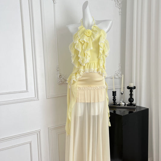 灿烂的她 荷叶边挂脖微透半裙套装 Radiant Her Ruffled Halter Neck Sheer Midi Skirt Set
