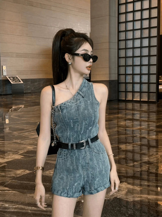 牧羊少女 斜肩设计感牛仔连体裤 Shepherd Girl Off-Shoulder Stylish Denim Jumpsuit