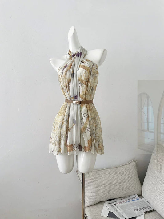 尼罗浮宫 交叉挂脖印花连衣裙 Nile Louvre Cross-Halter Printed Dress