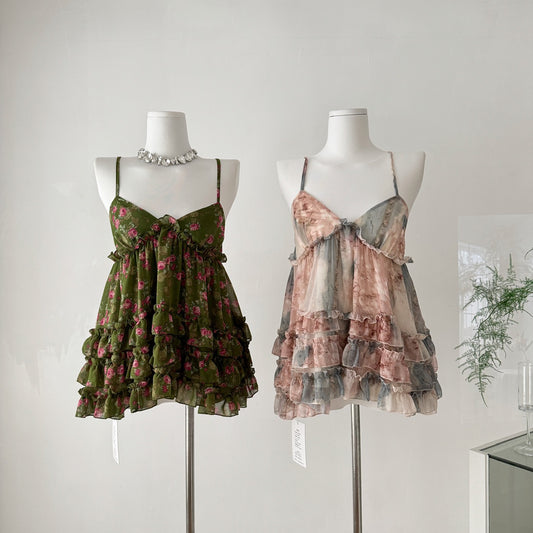 初夏花萝 复古多层蛋糕吊带上衣 Early Summer Floral Retro Layered Ruffle Camisole