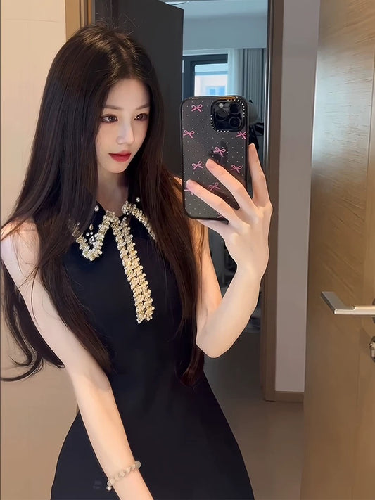 星耀黑 钉珠小香收腰连衣裙 Starlight Black Pearl-Button Chanel-Style Waist-Cinching Dress