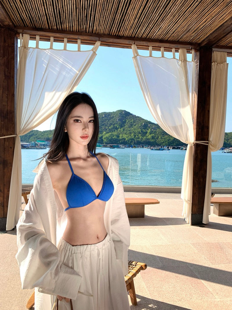 海盐苏打 马尔代夫系纯白衬衫 + 湖蓝性感比基尼三件套 Maldives Muse | Azure Bikini & Crisp White Cover-up Set