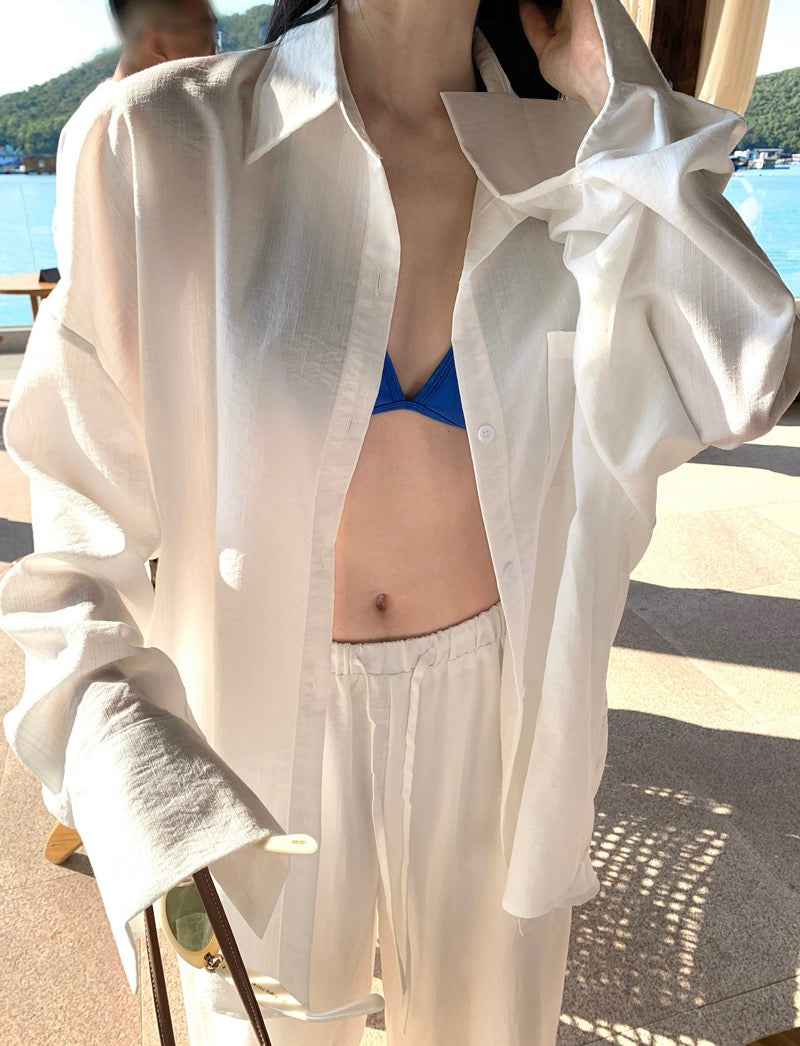 海盐苏打 马尔代夫系纯白衬衫 + 湖蓝性感比基尼三件套 Maldives Muse | Azure Bikini & Crisp White Cover-up Set