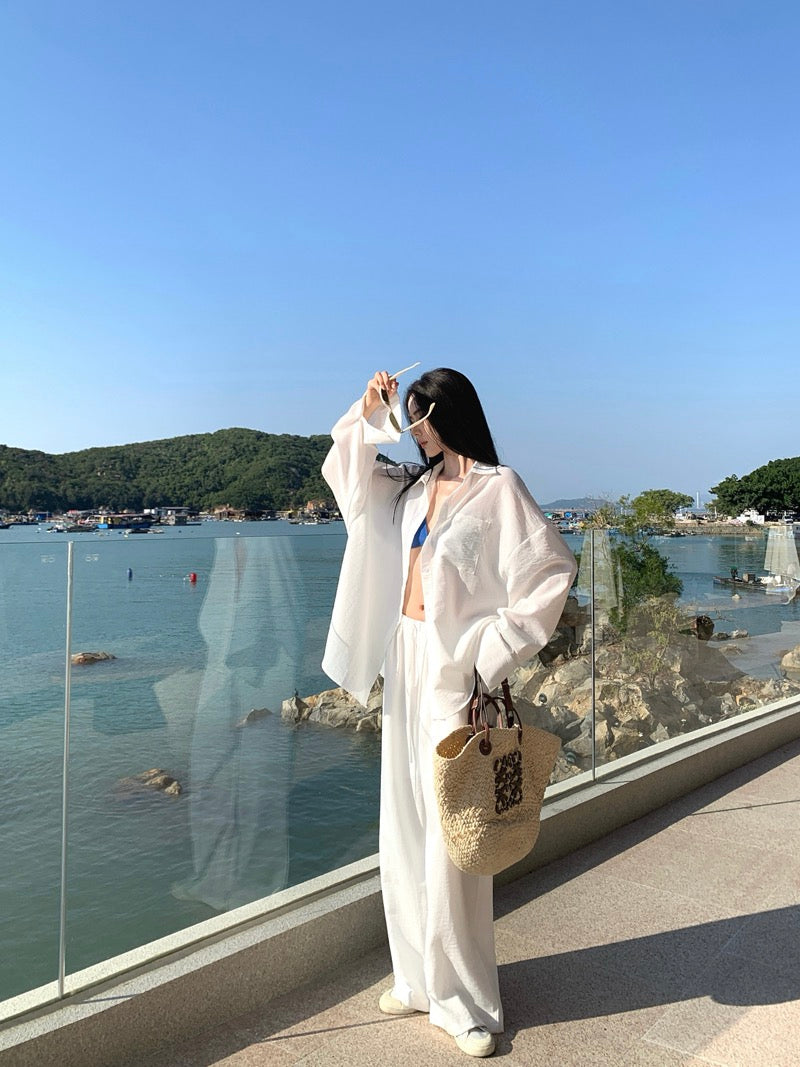 海盐苏打 马尔代夫系纯白衬衫 + 湖蓝性感比基尼三件套 Maldives Muse | Azure Bikini & Crisp White Cover-up Set