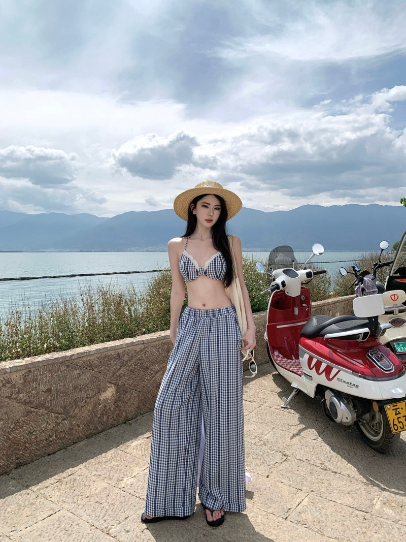 半糖主义 海边度假格纹比基尼三件套 The Sandy Checkmate | Sheer Cover-up & Plaid Bikini Combo