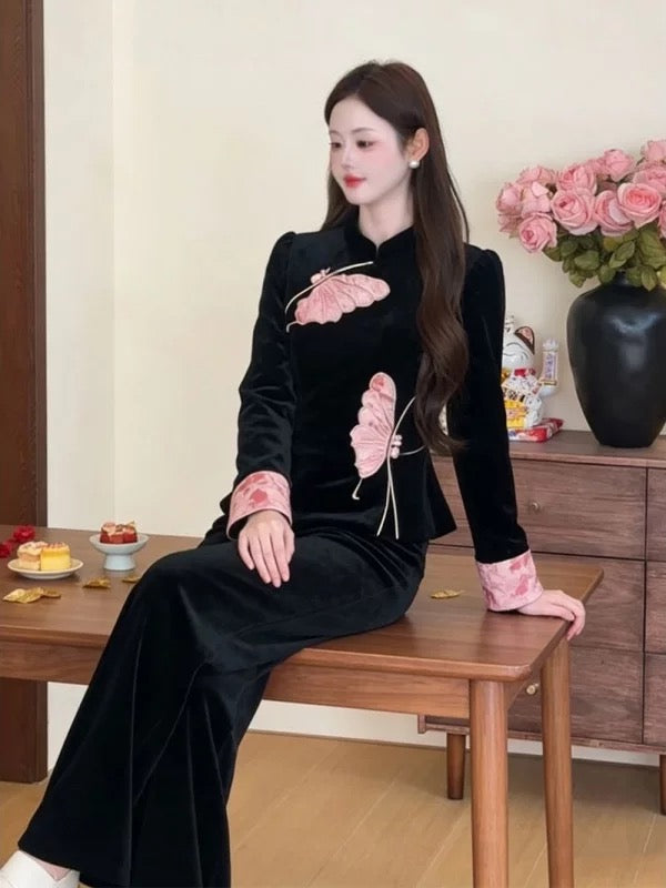 花信驿 新中式贴布绣丝绒套装The Flower Post | Appliqué Embroidered Velvet Oriental Suit