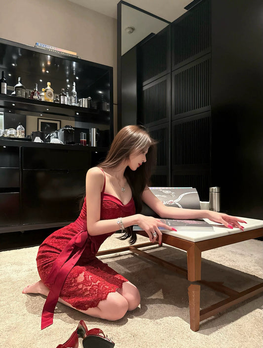 玫瑰余烬 Rose Embers Elegant Chenille Lace Long Dress