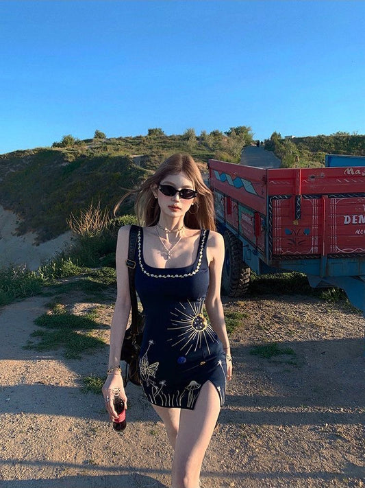 星河缪斯 复古刺绣开叉连衣裙 Galaxy Muse Vintage Embroidered Slit Dress
