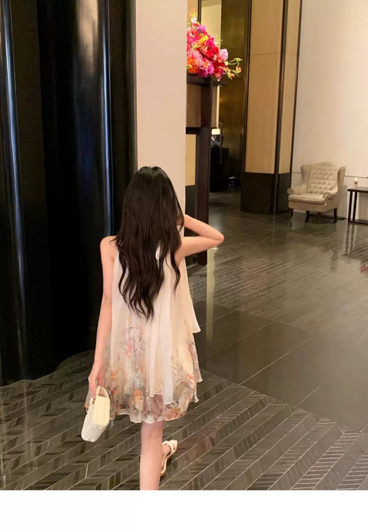 云烟剪影 印花网纱挂脖连衣裙  Misty Silhouette Printed Mesh Halter Neck Dress