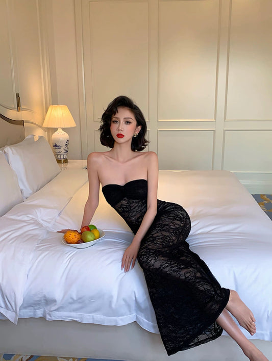 红酒夫人 蕾丝透视性感连衣裙 Red Wine Lady Lace Sheer Sexy Dress