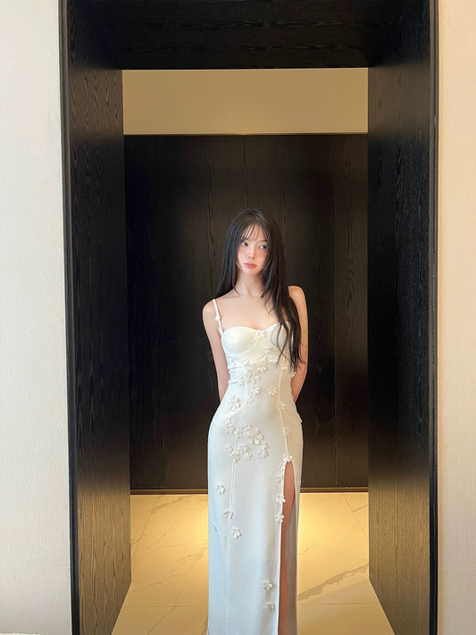 白色约定 立体花朵开叉连衣裙 White Promise 3D Floral Slit Dress
