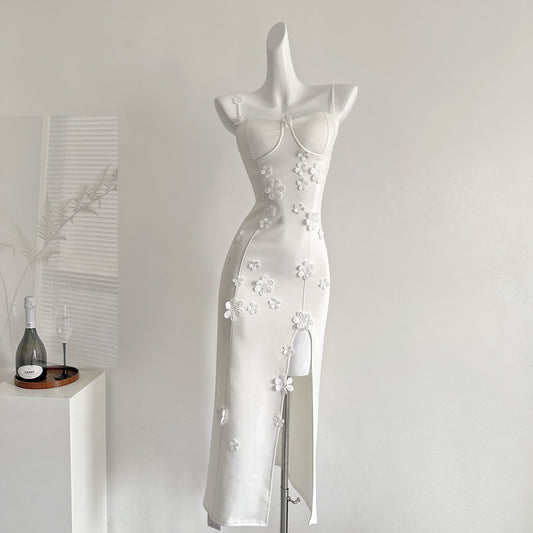 白色约定 立体花朵开叉连衣裙 White Promise 3D Floral Slit Dress