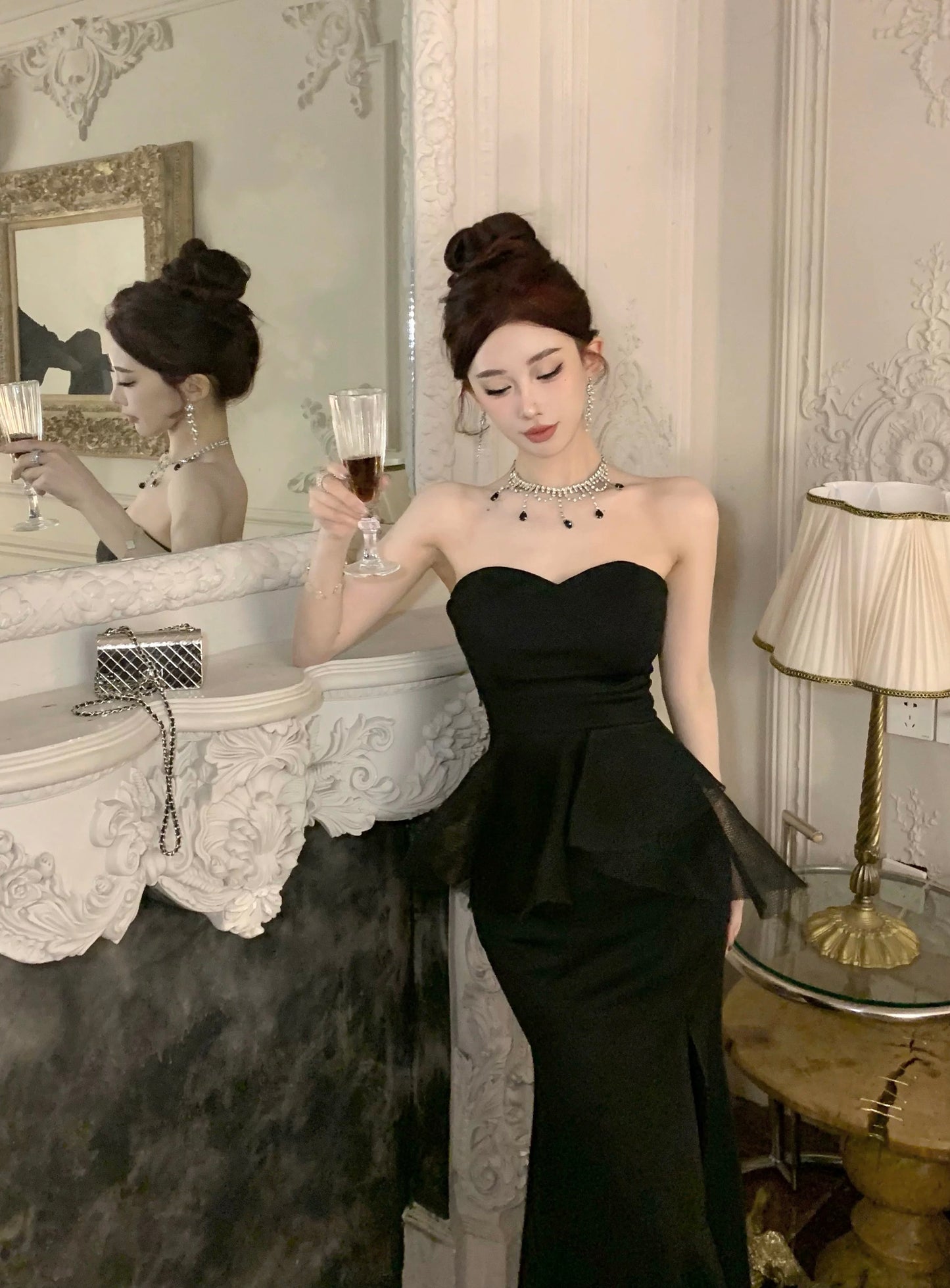 姐姐聚会 性感抹胸法式气质连衣裙 Sister’s Gathering Sexy Strapless French-Style Elegant Dress