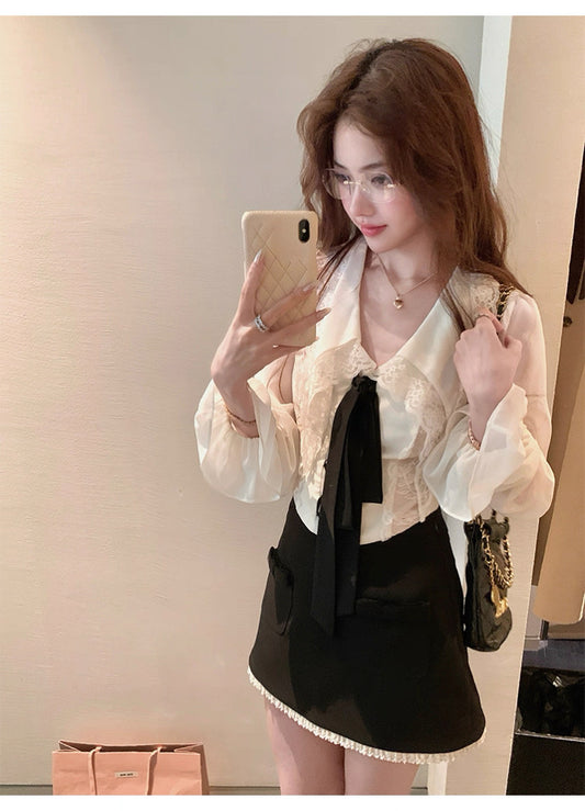 凯尼美美 长袖v领蕾丝气质衬衫上衣  Kaine‘s Beauty Long-Sleeve V-Neck Lace Elegant Blouse