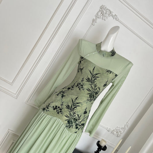 青山雾 长袖新中式温婉清雅旗袍 Qingshanwu Long-Sleeve New Chinese-Style Elegant Cheongsam