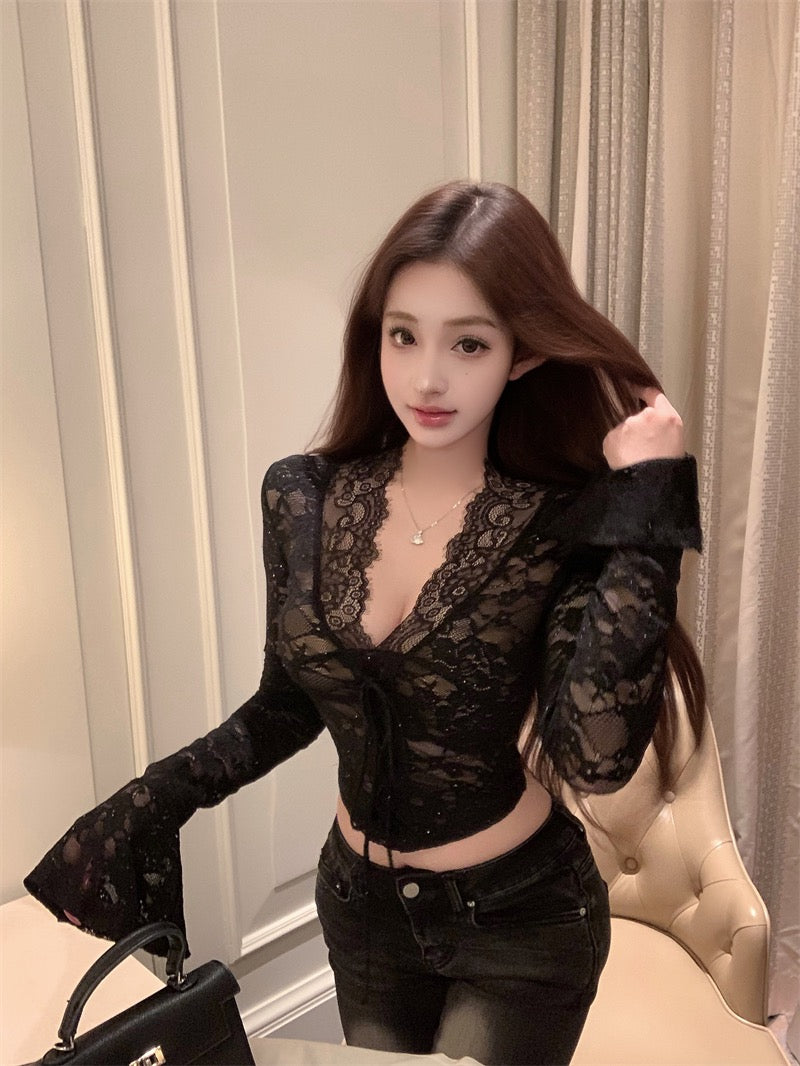 黑天鹅 V领蕾丝镂空长袖上衣 Black Swan V-neck Hollow-out Lace Long Sleeve Top
