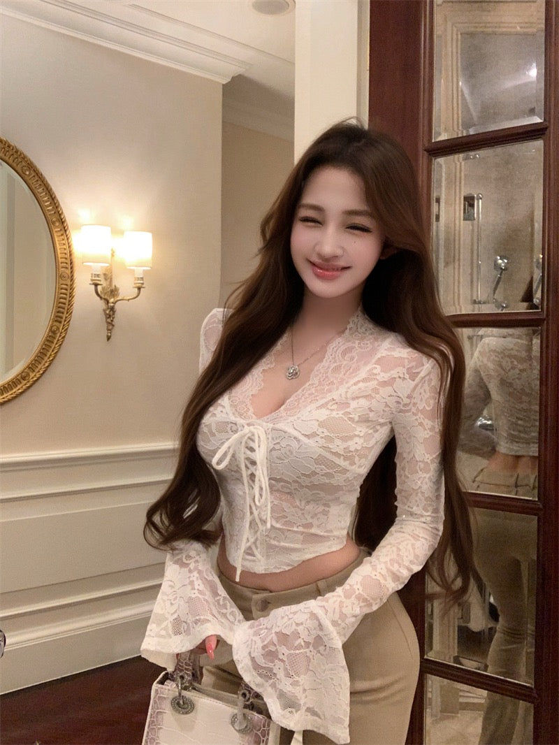 黑天鹅 V领蕾丝镂空长袖上衣 Black Swan V-neck Hollow-out Lace Long Sleeve Top