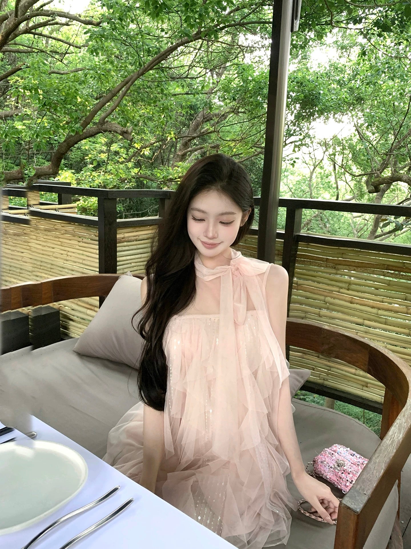 粉雾香氛 蝴蝶结不规则网纱裙 Pink Mist Fragrance Irregular Tulle Dress with Bow