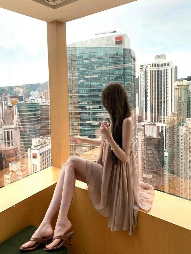 浪漫匿名 雪纺连衣裙露背挂脖连衣裙 Romantic Anonymous Backless Halter Neck Chiffon Dress