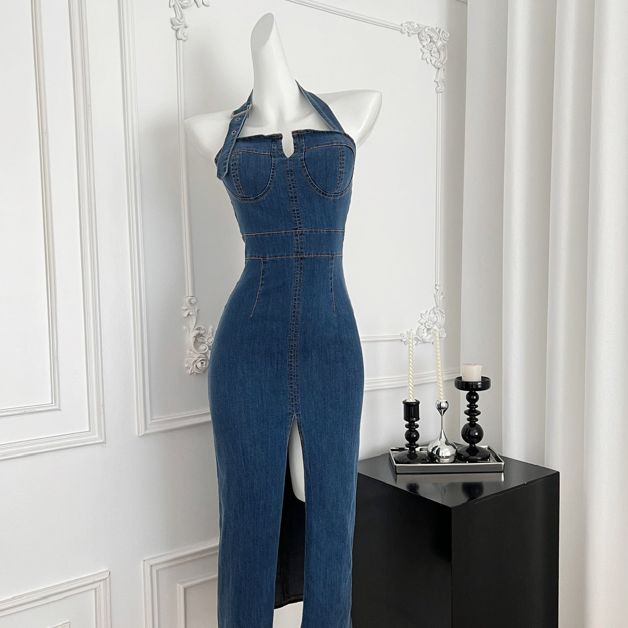 丹蓝物语 牛仔挂脖开叉连衣裙 Danlan Story - Denim Halter Neck Split Dress