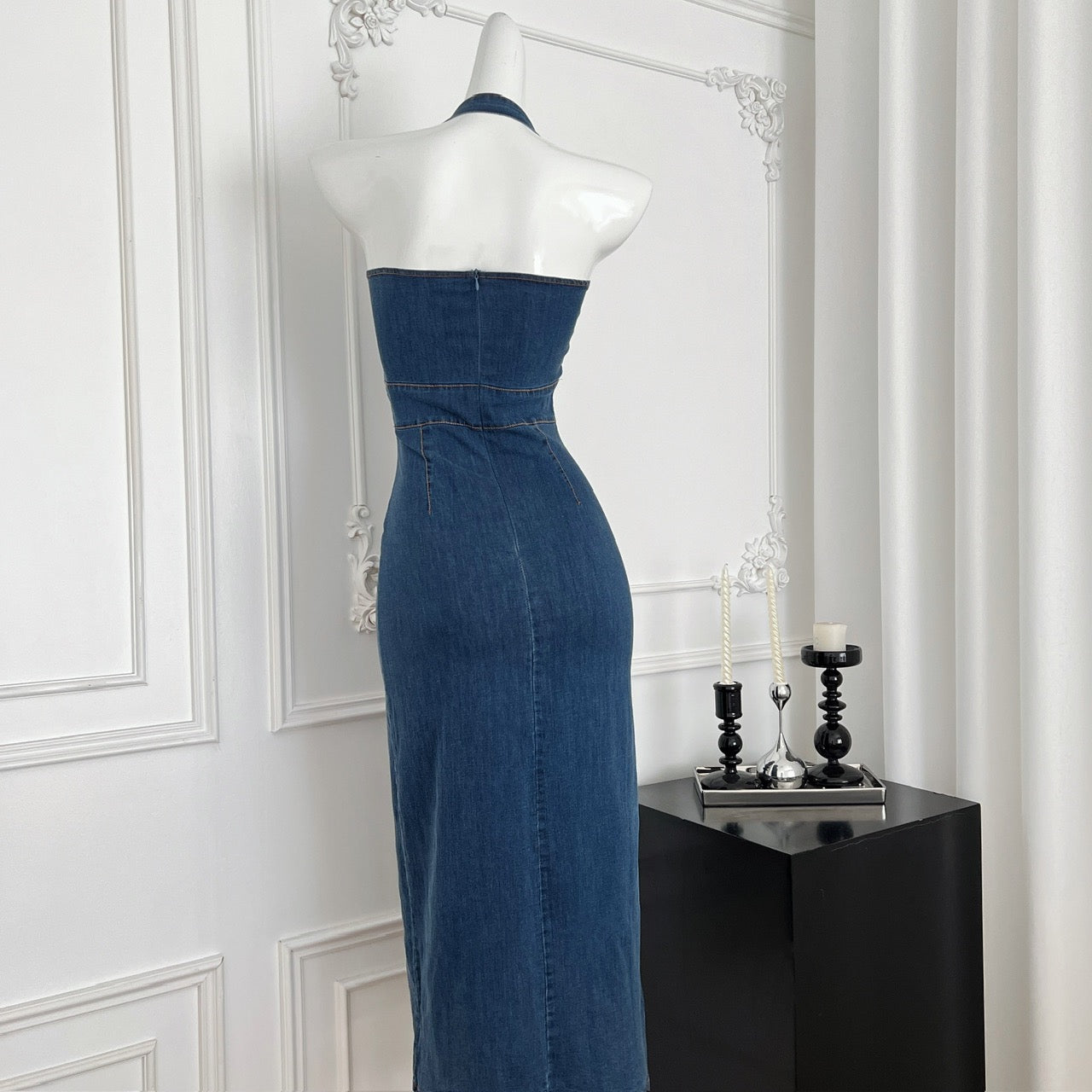 丹蓝物语 牛仔挂脖开叉连衣裙 Danlan Story - Denim Halter Neck Split Dress