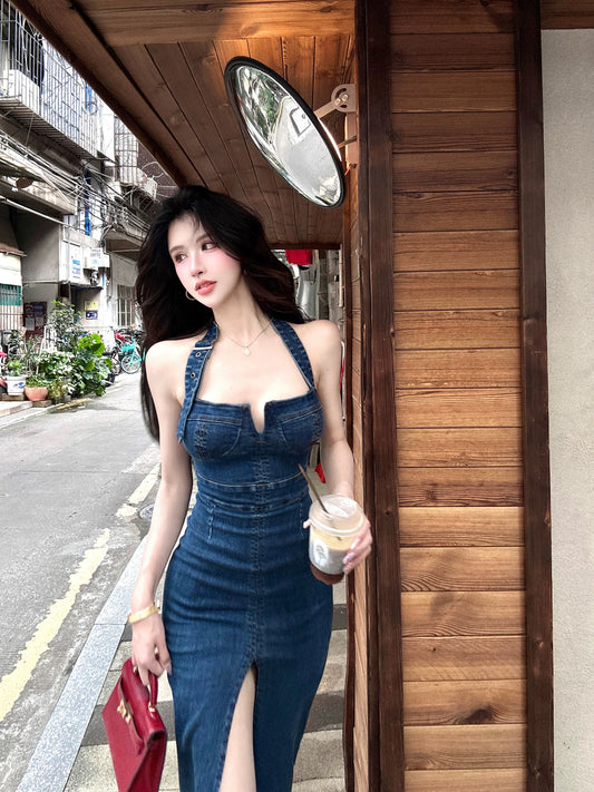 丹蓝物语 牛仔挂脖开叉连衣裙 Danlan Story - Denim Halter Neck Split Dress