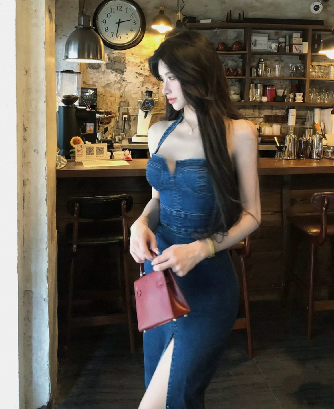 丹蓝物语 牛仔挂脖开叉连衣裙 Danlan Story - Denim Halter Neck Split Dress