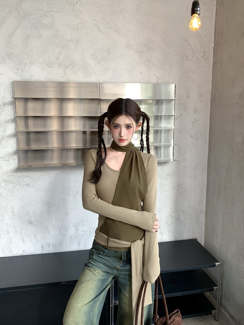 缠绕浪漫 假两件不规则打底衫上衣 Double Vision Faux Two-Piece Strappy Top