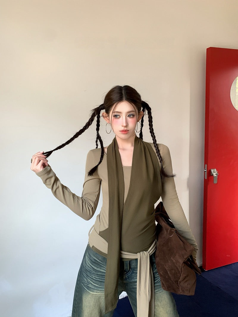 缠绕浪漫 假两件不规则打底衫上衣 Double Vision Faux Two-Piece Strappy Top