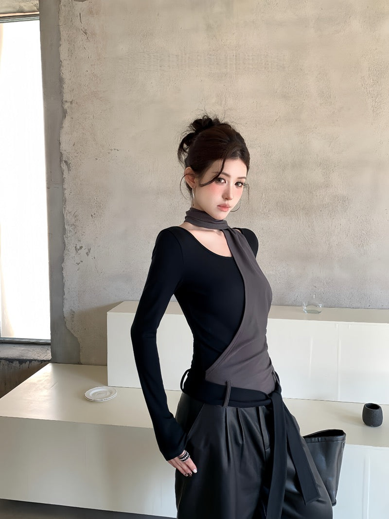 缠绕浪漫 假两件不规则打底衫上衣 Double Vision Faux Two-Piece Strappy Top