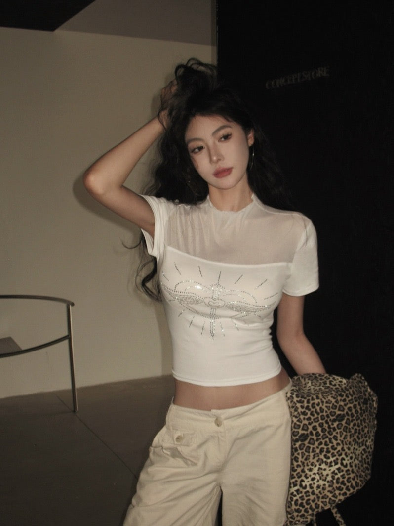 透明情书 立领网纱爱心烫钻透视上衣 Glitter Heart Mesh Patchwork Crop Top