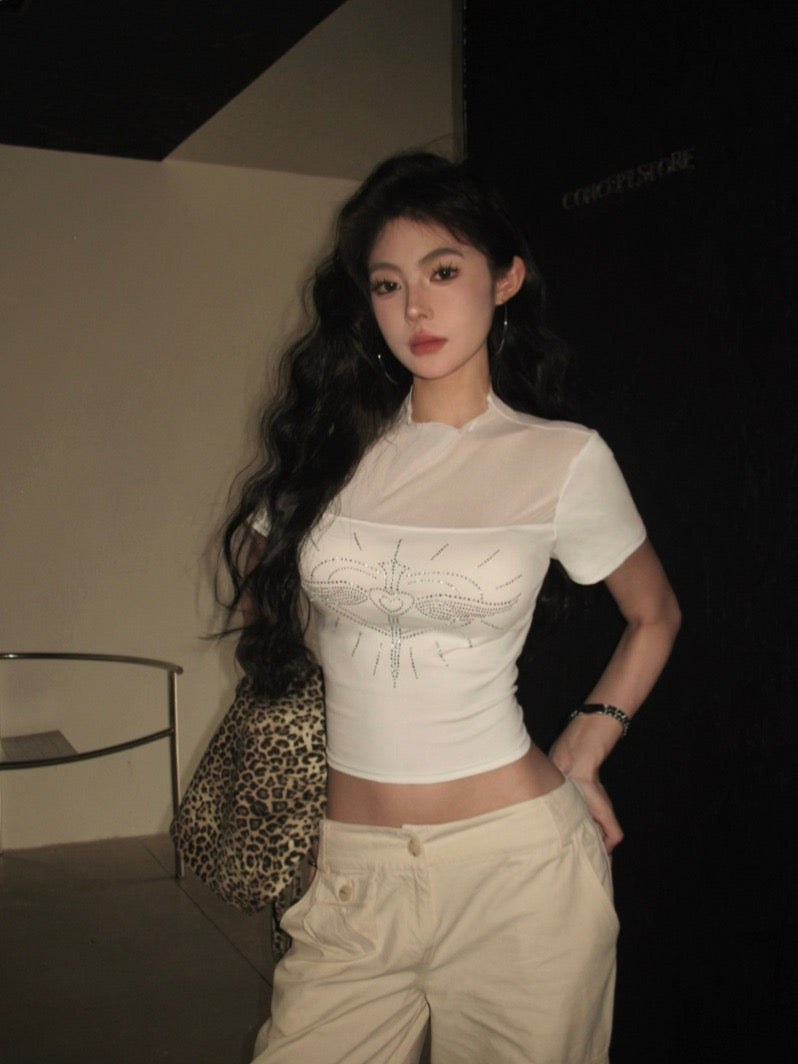 透明情书 立领网纱爱心烫钻透视上衣 Glitter Heart Mesh Patchwork Crop Top