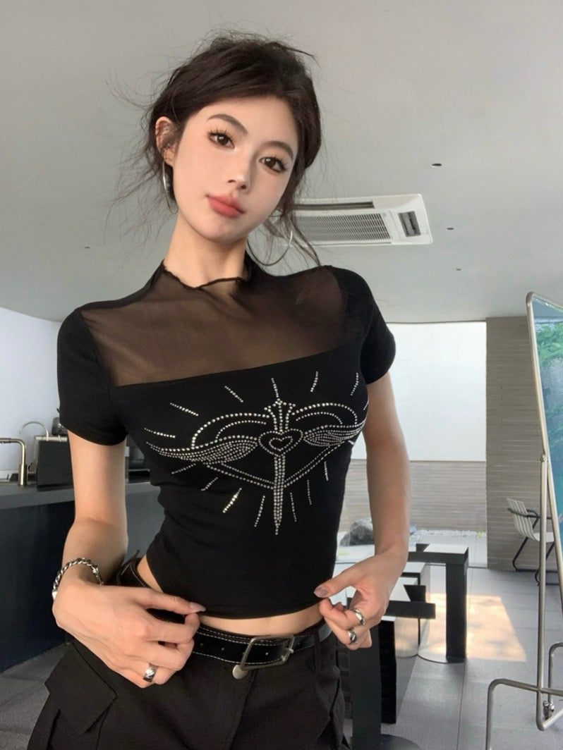 透明情书 立领网纱爱心烫钻透视上衣 Glitter Heart Mesh Patchwork Crop Top