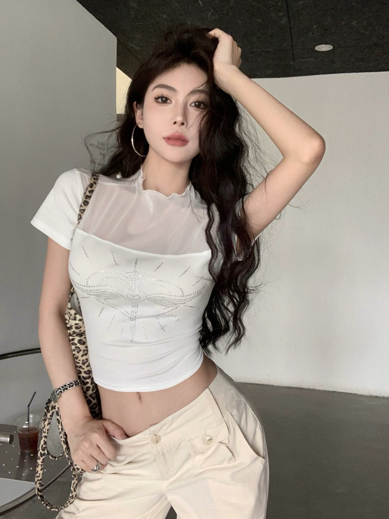透明情书 立领网纱爱心烫钻透视上衣 Glitter Heart Mesh Patchwork Crop Top