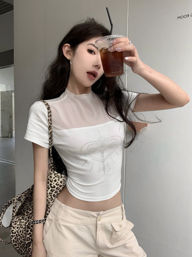 透明情书 立领网纱爱心烫钻透视上衣 Glitter Heart Mesh Patchwork Crop Top