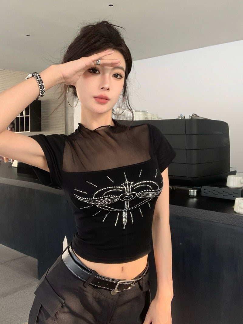 透明情书 立领网纱爱心烫钻透视上衣 Glitter Heart Mesh Patchwork Crop Top