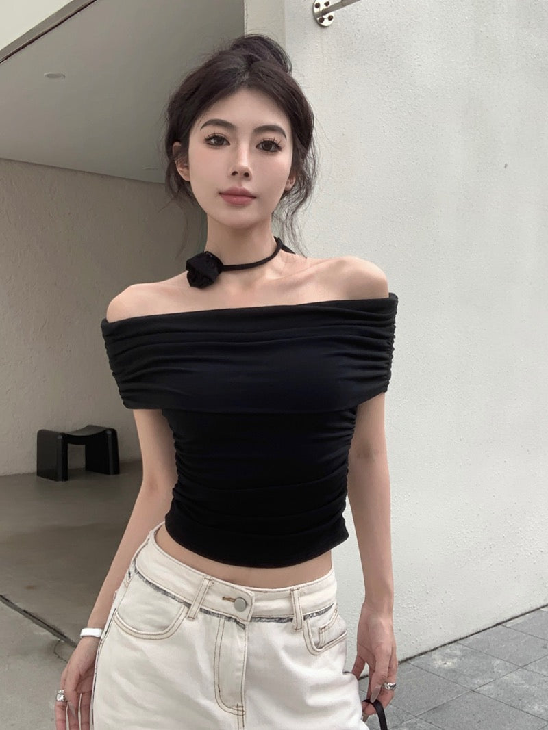 微醺花火 一字肩短袖花朵上衣 Blooming Shoulder Off-the-shoulder Floral Crop Top