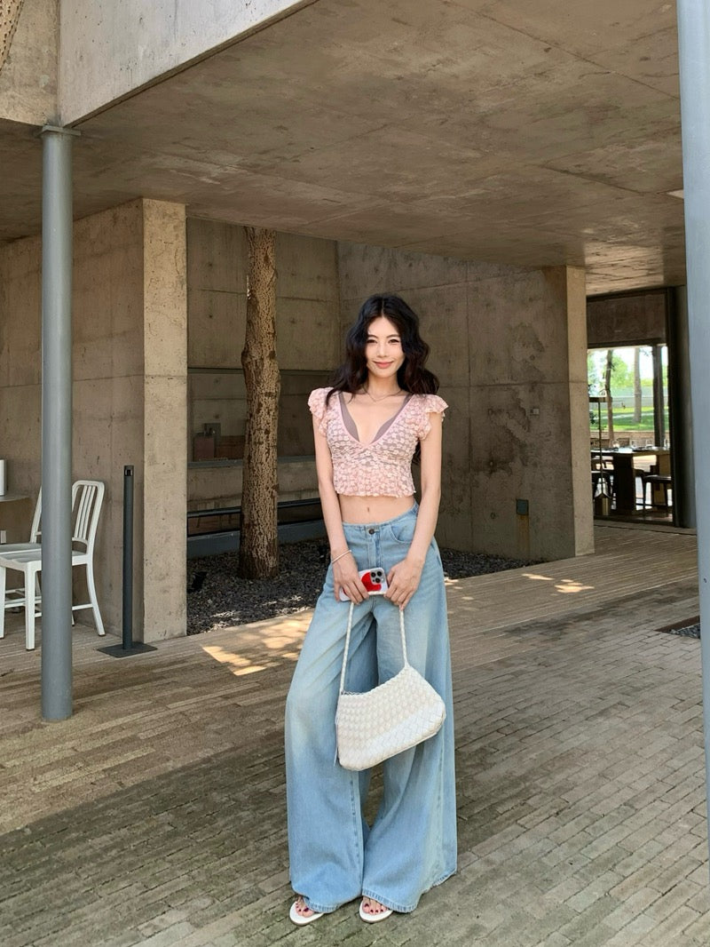 落入凡间 辣妹飞飞袖透视上衣 Lace Angel Flutter Sleeve Mesh Crop Top