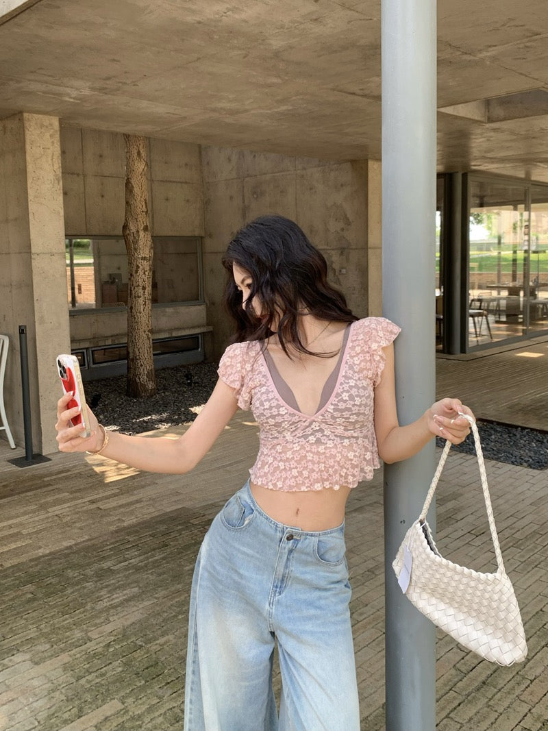 落入凡间 辣妹飞飞袖透视上衣 Lace Angel Flutter Sleeve Mesh Crop Top