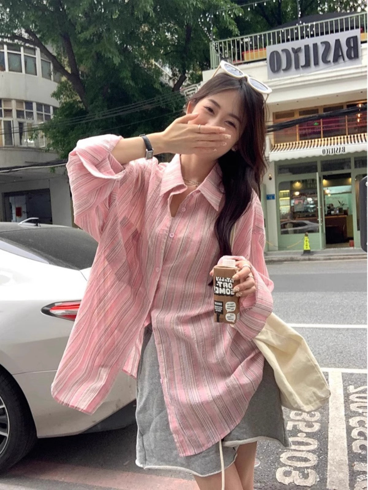 草莓气泡 粉色条纹防晒衬衫 Strawberry Spritz Oversized Sun-Shirt Blouse