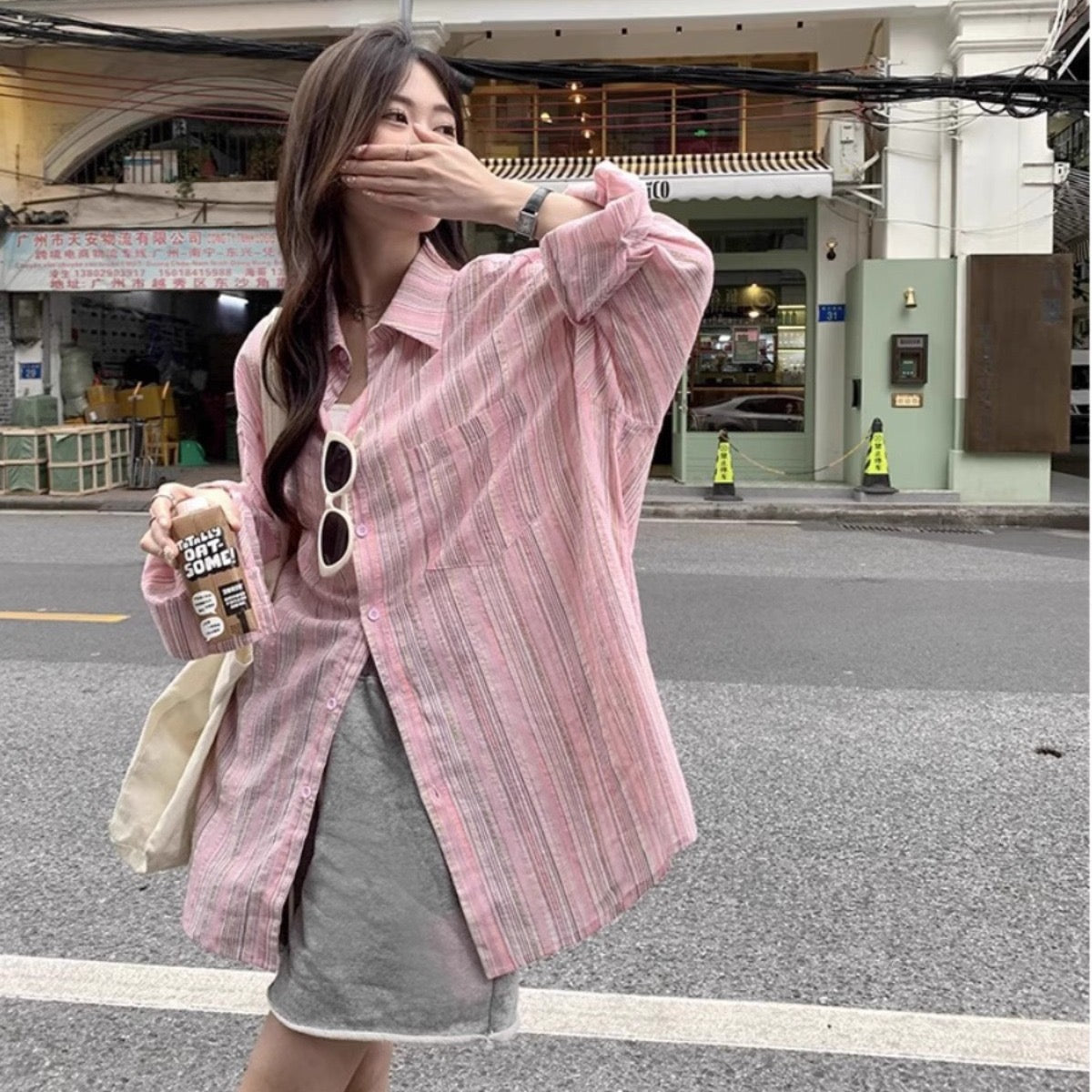 草莓气泡 粉色条纹防晒衬衫 Strawberry Spritz Oversized Sun-Shirt Blouse