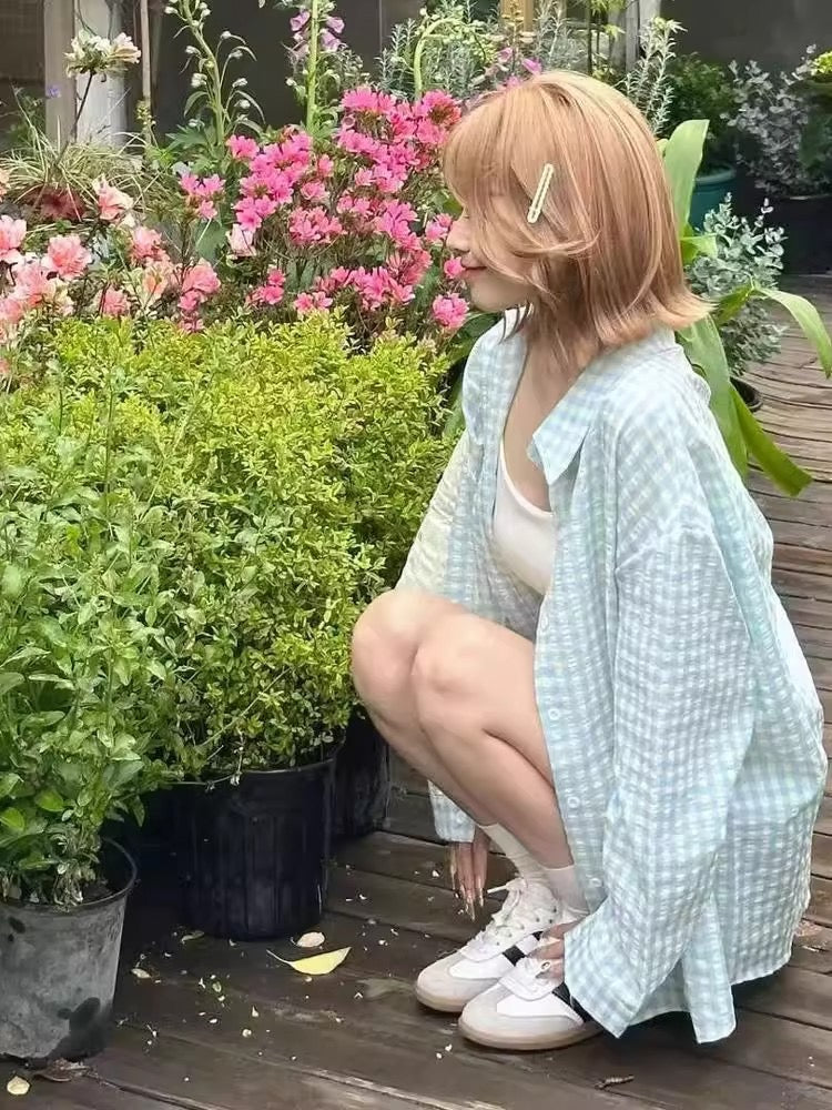 森林呼吸 蓝绿格纹POLO领衬衫Forest Feeling Checkered Sun-Shirt Blouse