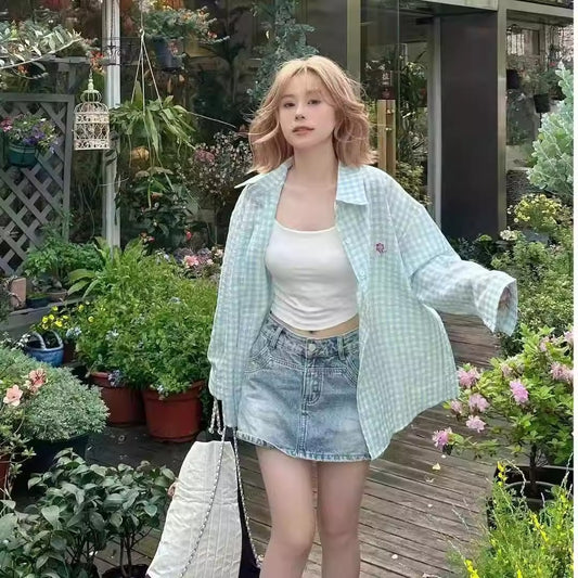 森林呼吸 蓝绿格纹POLO领衬衫Forest Feeling Checkered Sun-Shirt Blouse