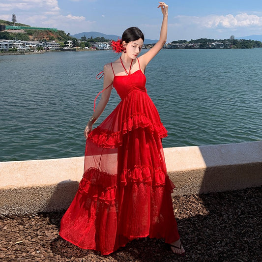 里维埃拉玫瑰 红色吊带大摆裙度假旅游裙 French Riviera Rose Flowy Scarlet Maxi Resort Dress
