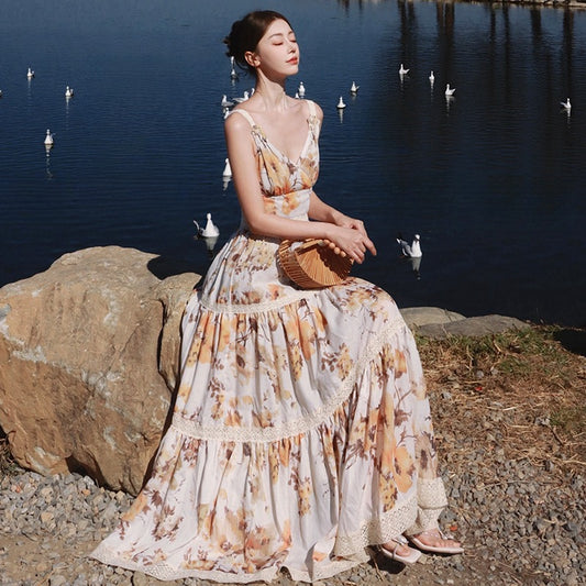 莫奈随笔 V领蕾丝油画印花连衣裙Monet’s Sketch Oil Painting Muse Maxi