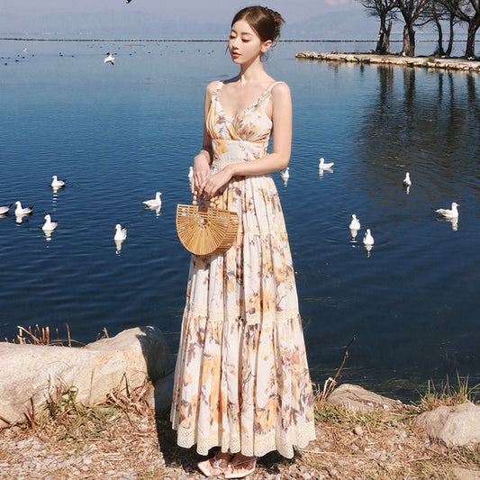 莫奈随笔 V领蕾丝油画印花连衣裙Monet’s Sketch Oil Painting Muse Maxi